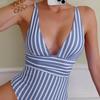 Женский монокини с глубоким V-образным вырезом без рукавов, облегающий слитный купальник-бикини с полосатым принтом и высокой талией, утягивающий живот