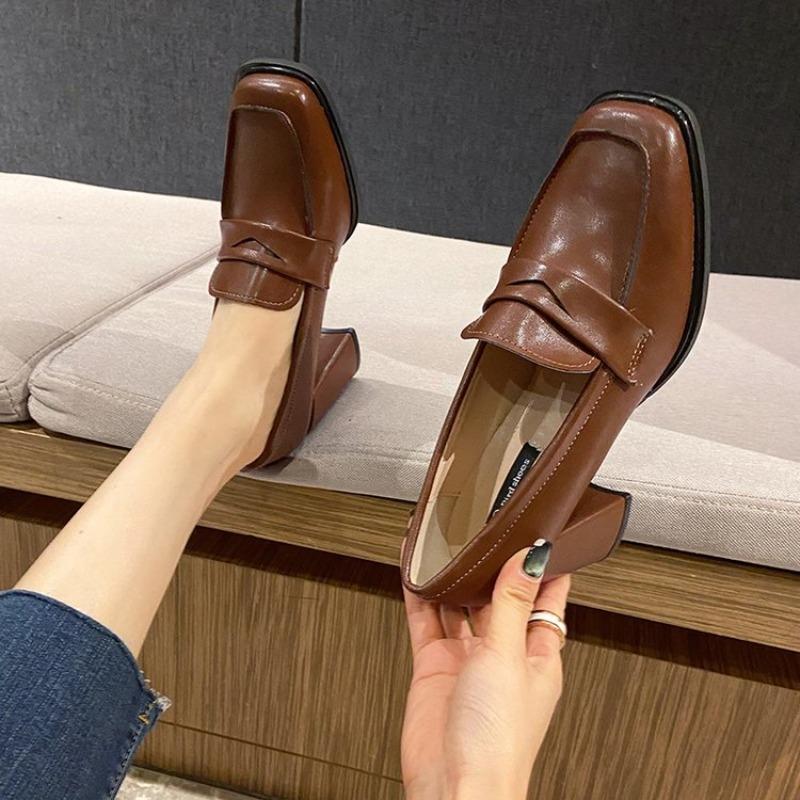 French Heels Women's Retro Square Toe Block Heel Temperament Single Shoes Slip-on Loafers