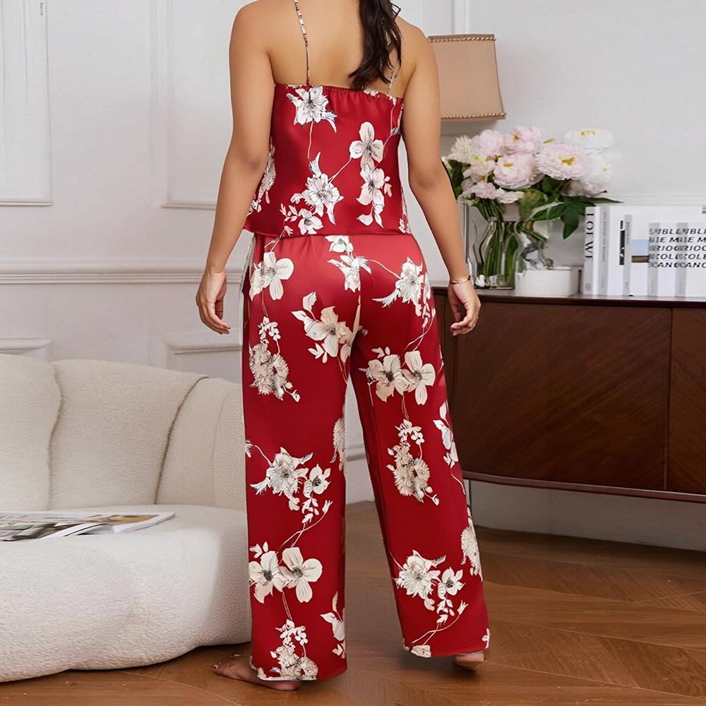 Большие размеры женские новые однотонные принтованные брюки-халтер комплект из двух частей пижамы