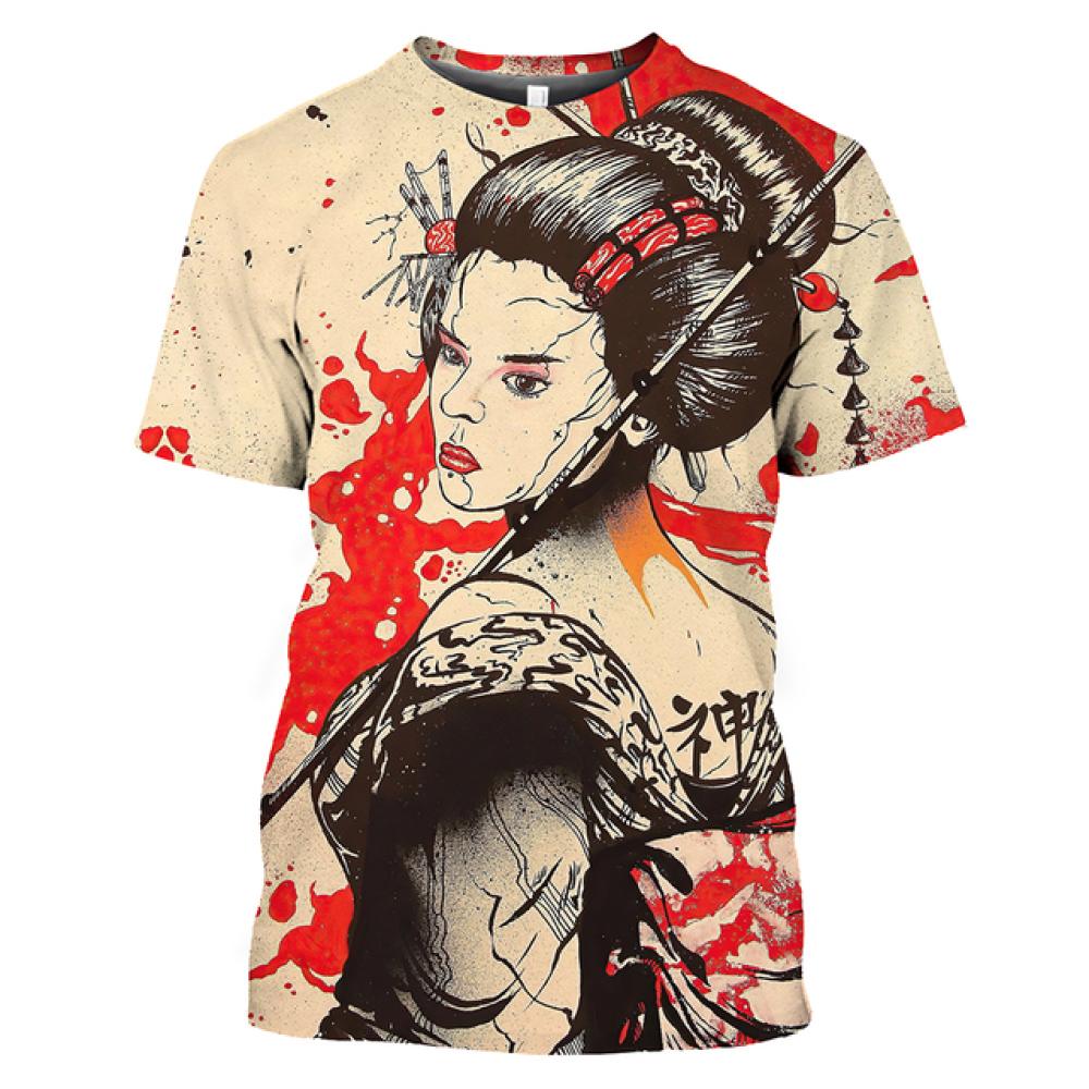 3D футболка для мужчин, топы с короткими рукавами в японском стиле и принтом гейши, мужские футболки с круглым вырезом, футболка большого размера, мужская одежда