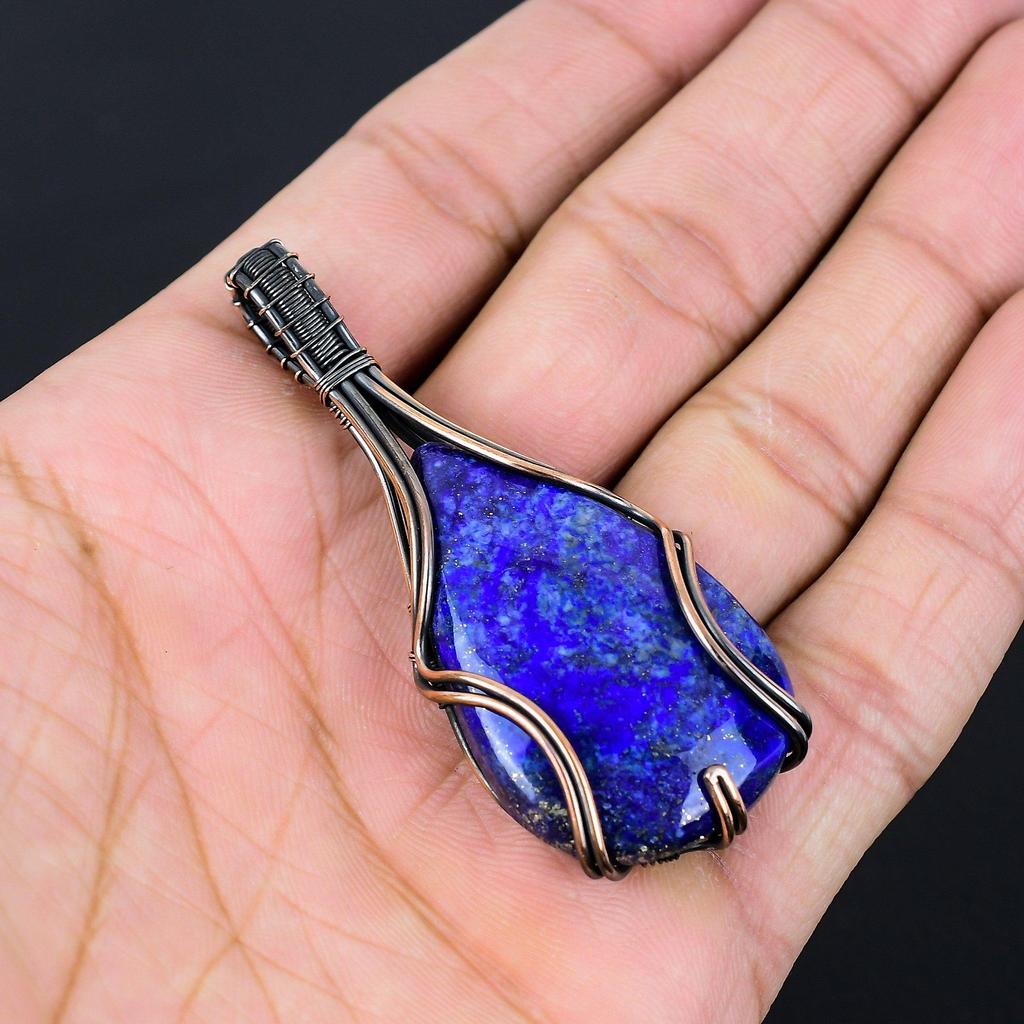 Ювелирный кулон ручной работы из чистой медной проволоки с лазуритом и драгоценным камнем