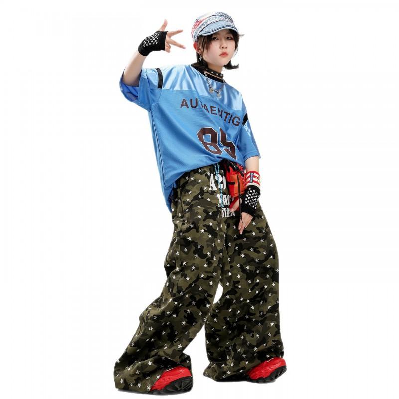 Kids Hip Hop Dance Outfit Set Boys Girls Streetwear Performance Costume With Star Print Shortsleeve Top Camo Pants
