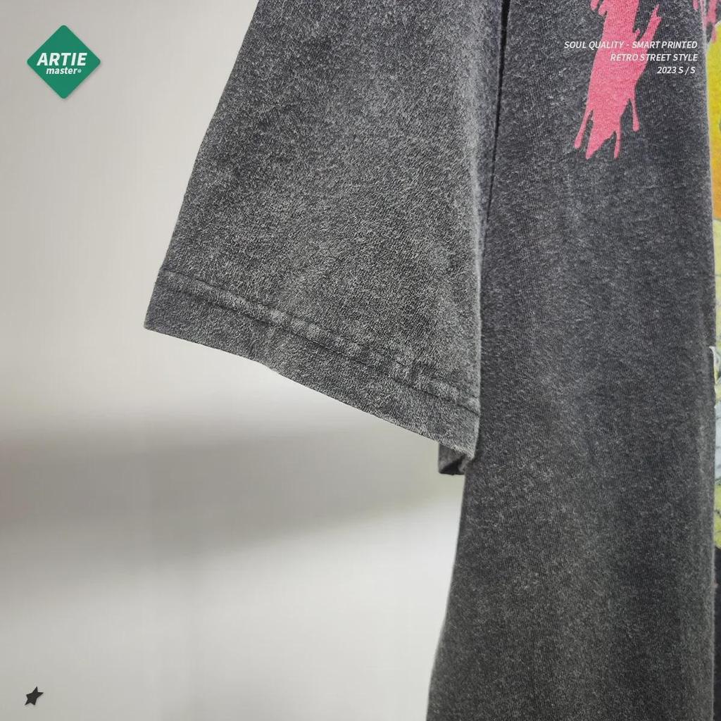 ARTIE Men's Washed Retro Skull Flame T-Shirt - Dark Loose Fit, Trendy Short Sleeve