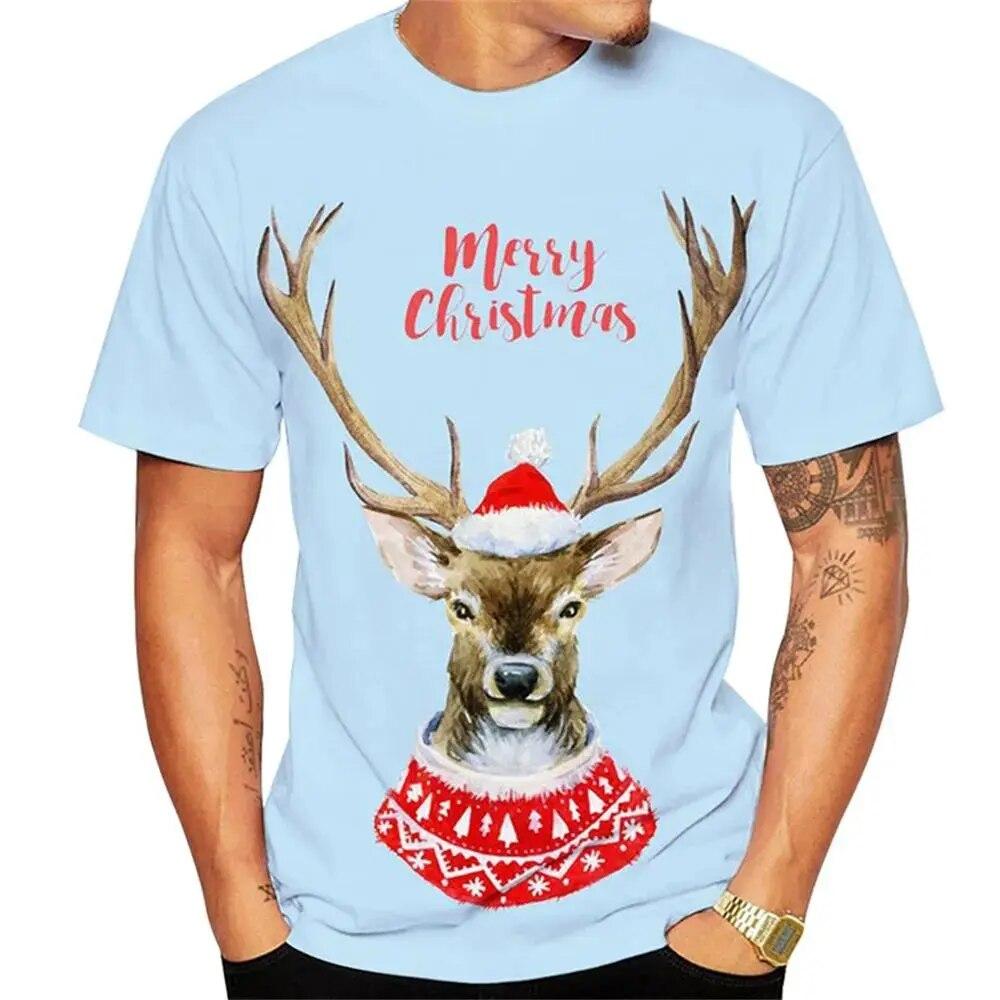 Christmas Elk 3D Print T Shirt For Men X'mas Harajuku Streetwear Fashion O-neck Short Sleeve New Year Gift Oversized TOPS
