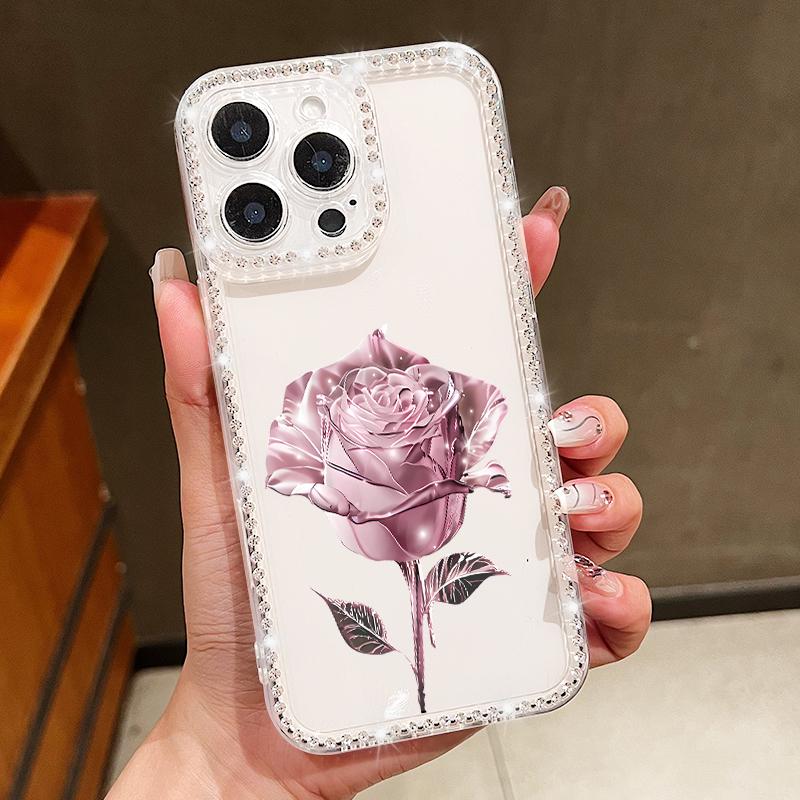 Прозрачный чехол для телефона с цветочным принтом Crystal Rose для iPhone 16E 16 Pro 15 Pro Max 14 13 12 11 Diamond Frame, мягкий силиконовый противоударный прозрачный чехол-бампер