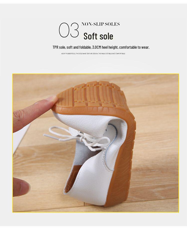 Женские белые туфли на плоской подошве из натуральной кожи на шнуровке с круглым носком и противоскользящей подошвой - Повседневные и универсальные в корейском стиле