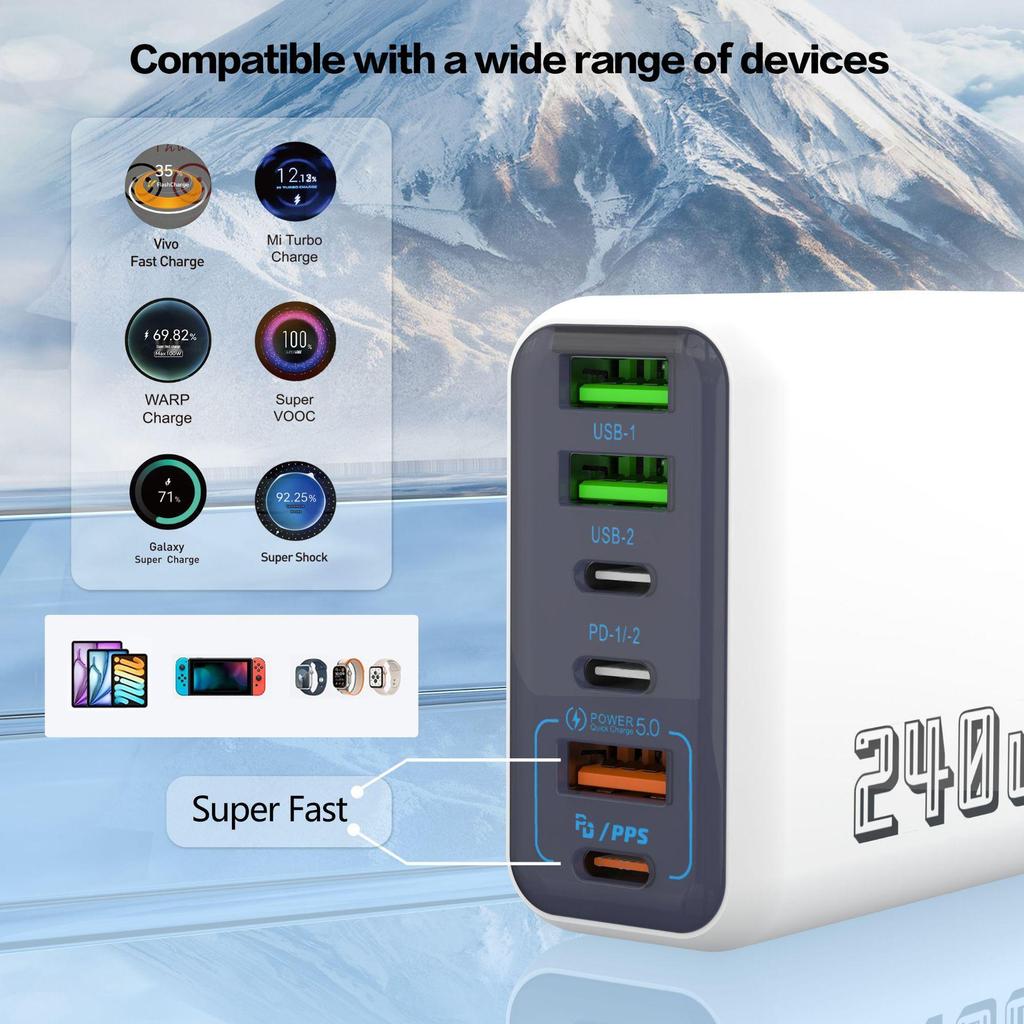Многопортовое быстрое зарядное устройство 240 Вт: 3 USB + 3 PD, Мобильное зарядное устройство Европейского/Британского стандарта