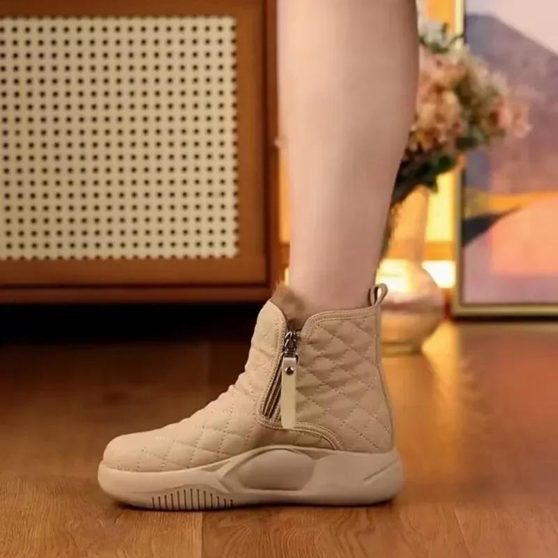 Распродажа модной женской обуви 2024 года, женские ботинки с боковой молнией, зимние ботинки с круглым носком, плюшевый флис для тепла, однотонные короткие зимние ботинки на платформе