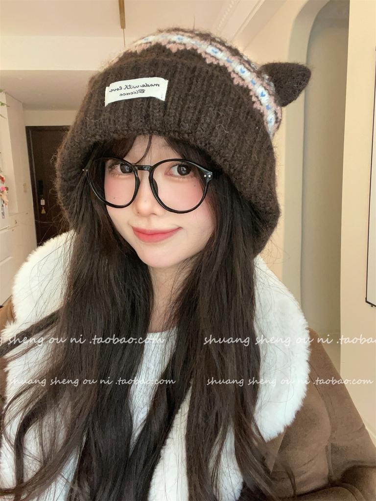Новая милая флисовая вязаная шапка с ушками кошки для женщин, осенне-зимняя, утолщенная, теплая, с защитой ушей, шапка-ушанка, делает лицо меньше, шерстяная шапка