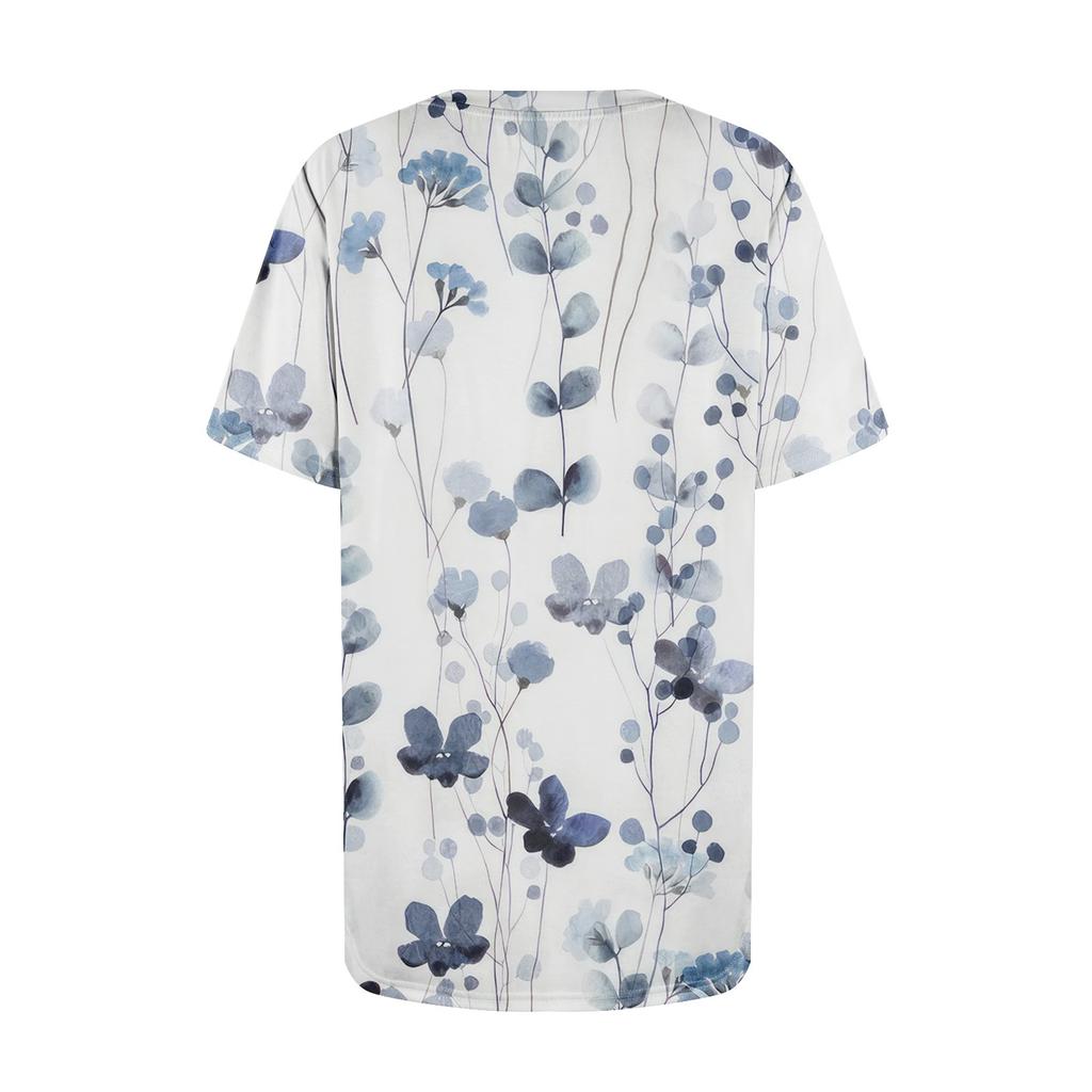 T Shirts For Women Pleated Round Neck Dressy Casual Blouses Printing Short Sleeve Summer Tops Loose Fit