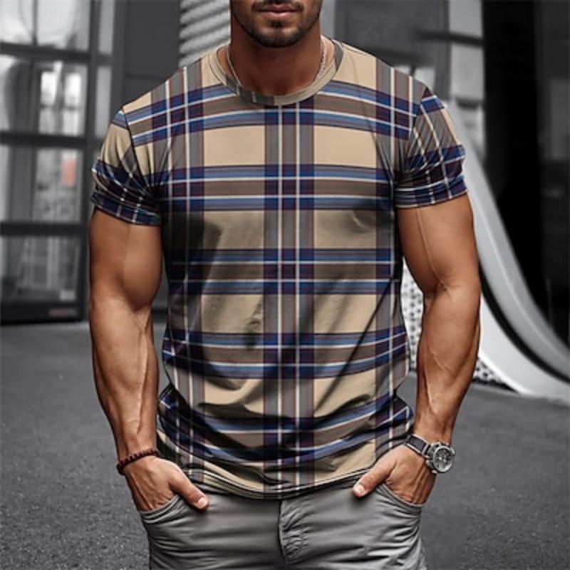 Мужская футболка Henley с коротким рукавом и круглым вырезом, летняя клетчатая модель, дизайнерская базовая клетчатая модель, для отдыха, улицы, выхода в свет