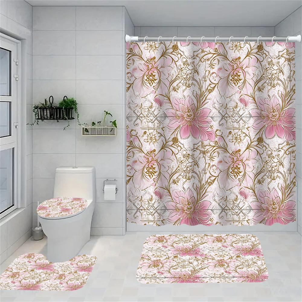 1/4 flowers and plants print shower Curtains, Toilet Seat Decoration, Shower Curtain with Carpet and Toilet Lid, 70.8x70.8 inch