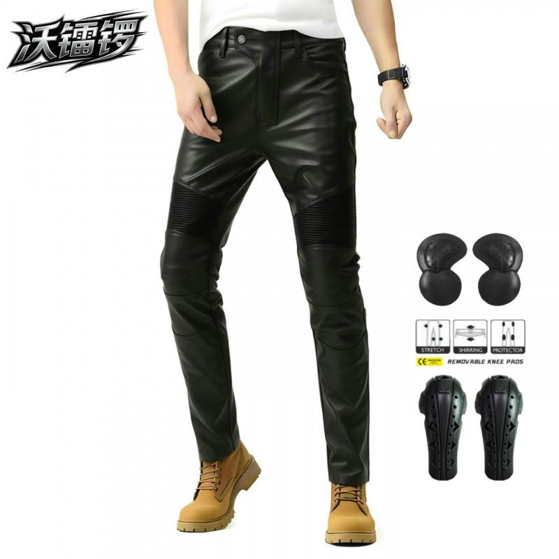 Mens Motorcycle Riding Pants PU Leather Protective Gear Anti-Fall Windproof Waterproof Stretch Fit Straight Cut Racing Style