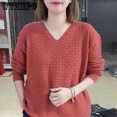 Осенне-зимний пуловер с V-образным вырезом для женщин Женский вязаный свитер однотонной расцветки с длинными рукавами