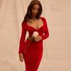 Red Suede Long Sleeve Slim Sexy Deep V Evening Gown Solid Color Long Dress