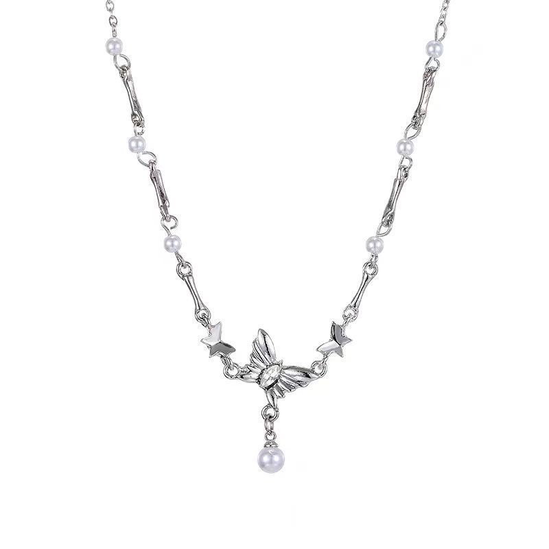 French tassel pearl pendant butterfly necklace women's niche light luxury high-end design accessories sweet collarbone chain
