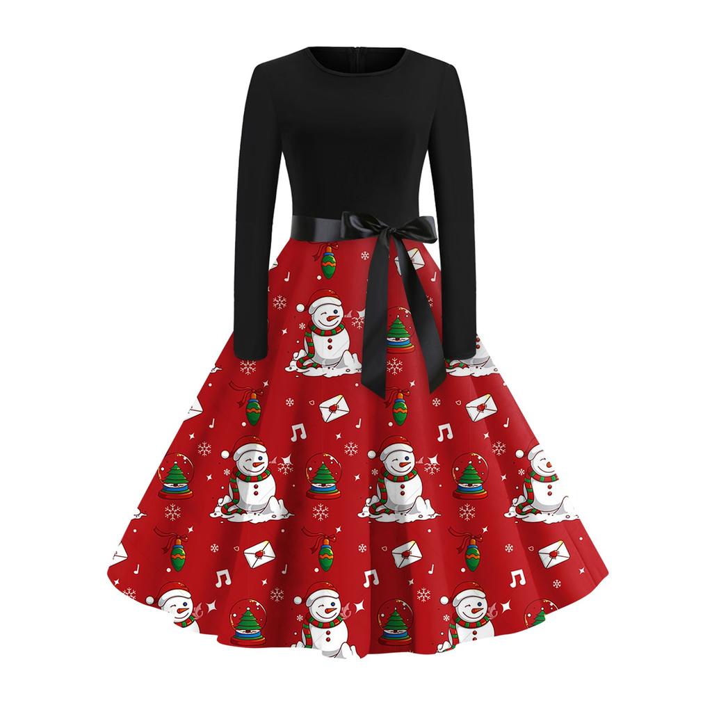 Рождественский принт расклешенное платье для женщин платье с длинным рукавом полые вечерние повседневные платья