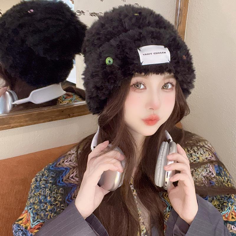 Female ear protection warm versatile knitted hat autumn and winter fluffy plush hat