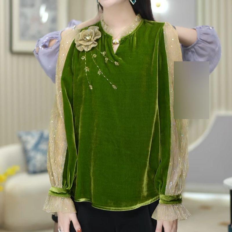 Женские винтажные стильные блузки с сетчатыми вставками, элегантный дизайн с 3D-цветком, рубашки для работы, осенние повседневные топы свободного кроя с V-образным вырезом и длинными рукавами