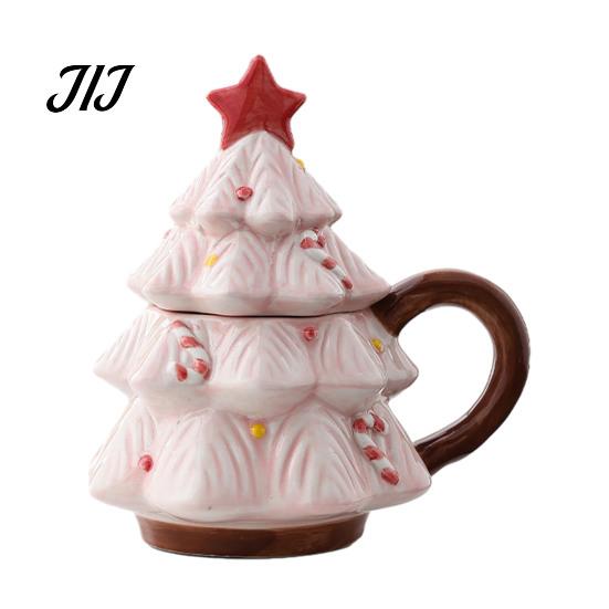 Christmas Tree Coffee Mug with Star Lid, 340ml Festive Holiday Cup for Hot Themed Beverage Drinkware Cocoa And Milk, Retro Curved Handle Microwave