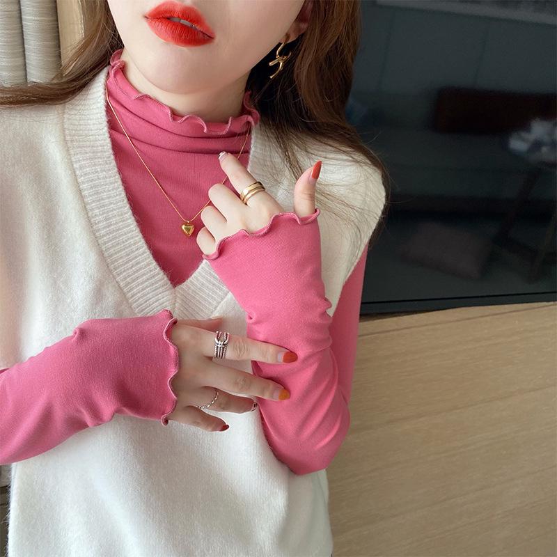 Женская бархатная трикотажная рубашка с полувысоким воротником и краем «деревянное ушко», однотонная, с длинным рукавом – Коллекция 2024