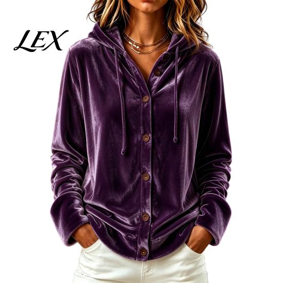 Lady Warm Coat Women Button Front Velvet Hoodie, Long Sleeve Hooded Jacket, Winter Hoodie Loose Fit Casual Drawstring for Autumn Relaxed