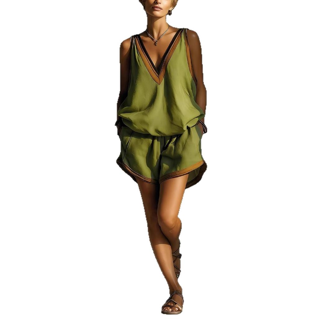 2026 Cross-border Europe, America, Amazon Independent Station New Summer Loose Fashion Casual V-Neck Vest Shorts Two Pieces