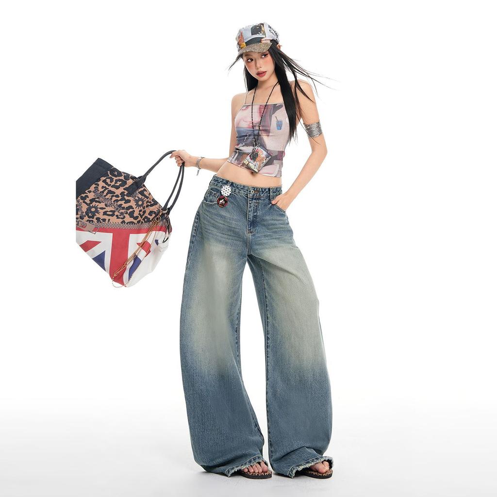 Spring Summer Vintage Classic 3D Cut Washed Saber Cut Wide Leg Denim Pants For Women Casual Pants Oversize Denim Trousers