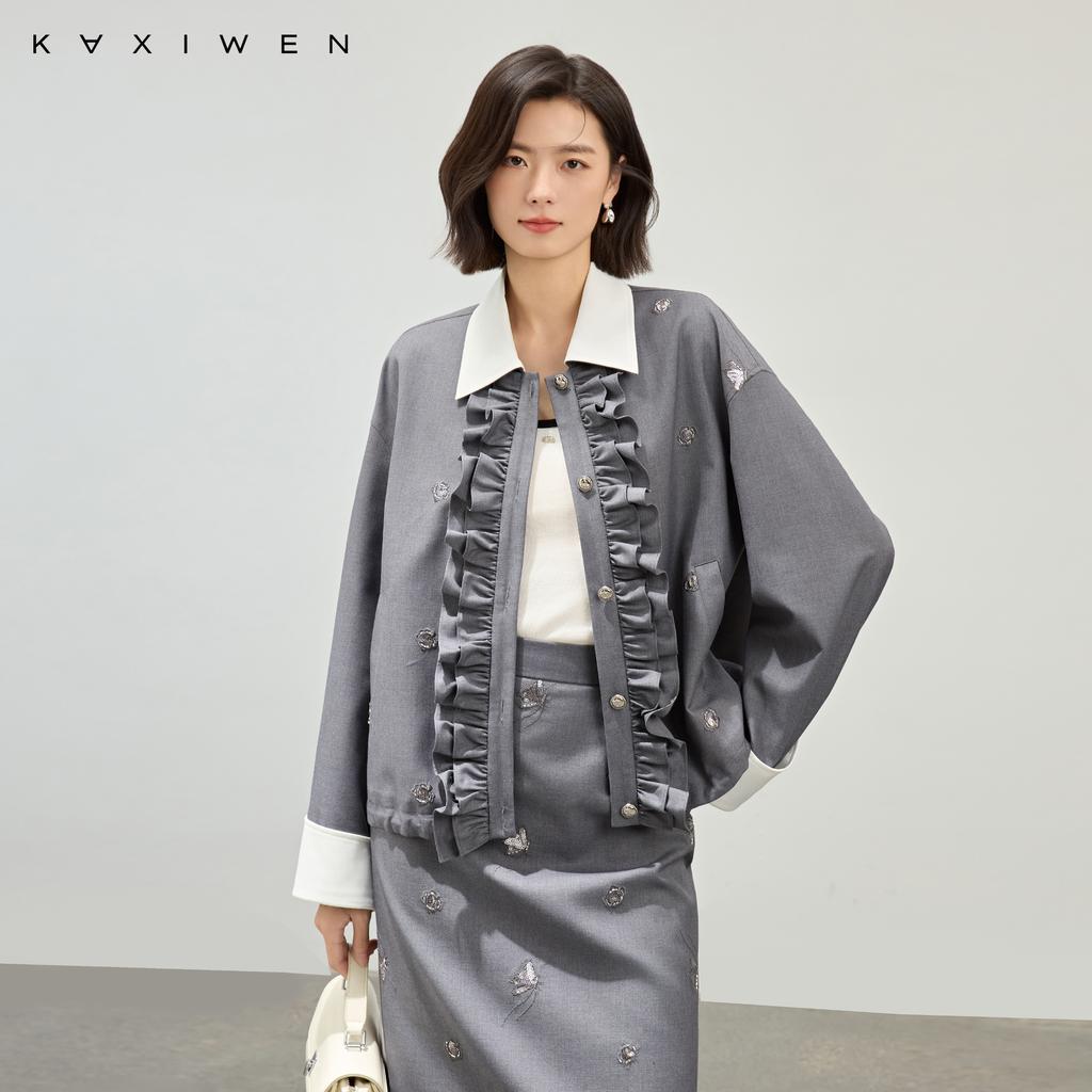 Color blocked lapel with black fungus edge short jacket