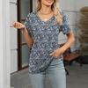 Women's Fashion V Neck Floral Print Short Sleeved Pullove T-shirt Top