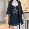 Women's Silky Satin Lace Cutout Deep V Push Up Padded Sleep Dress with Robe Set