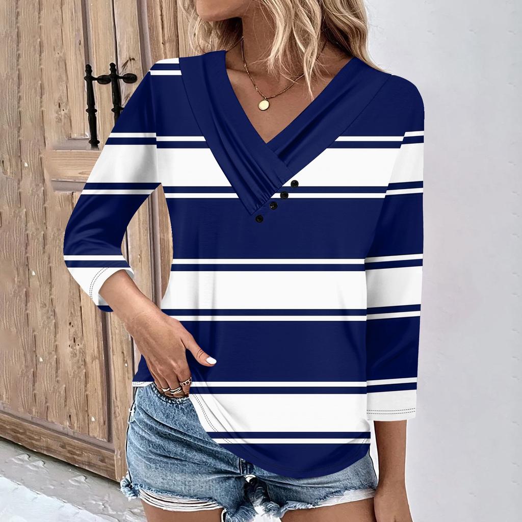 Womens 3/4 Sleeve Daily Weekend V Neck Casual Printed Tshirts Loose Fit Pleated Tees Ladies Blouse