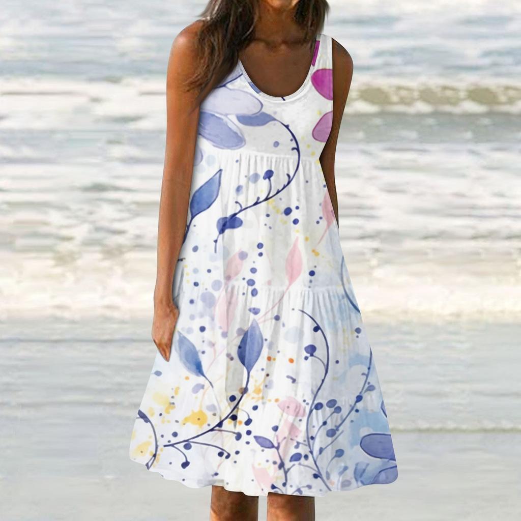 Женские платья-жилеты Лето-весна Плиссированные богемные платья Симпатичные струящиеся пляжные платья без рукавов Прямая футболка Платья-майки Платья с круглым вырезом