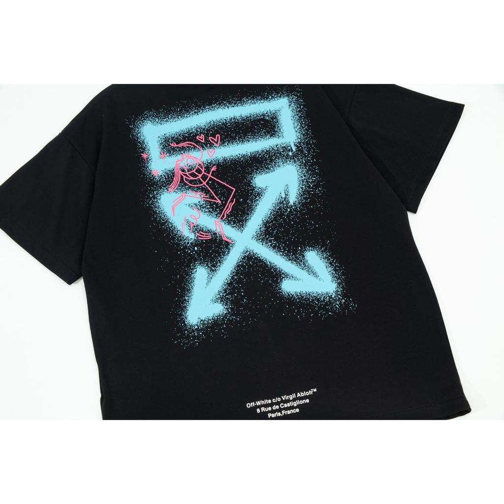 Off-White 2025 Лето Новинка Синий смайлик граффити нарисованные от руки буквы большой логотип принт Классическая футболка с коротким рукавом Парная футболка