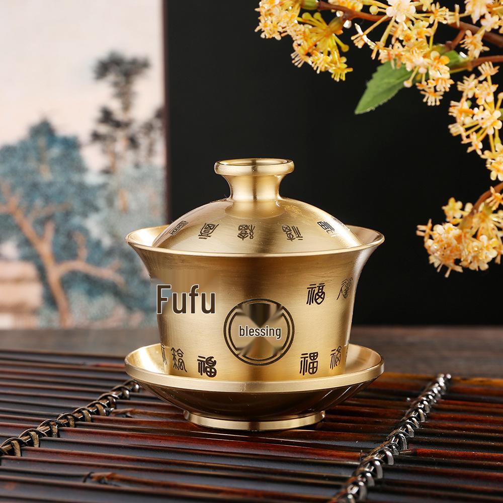 Антикварный набор чайных чашек из латуни: Мотив Дракона и Феникса с бронзовыми украшениями, коллекция из 3 предметов