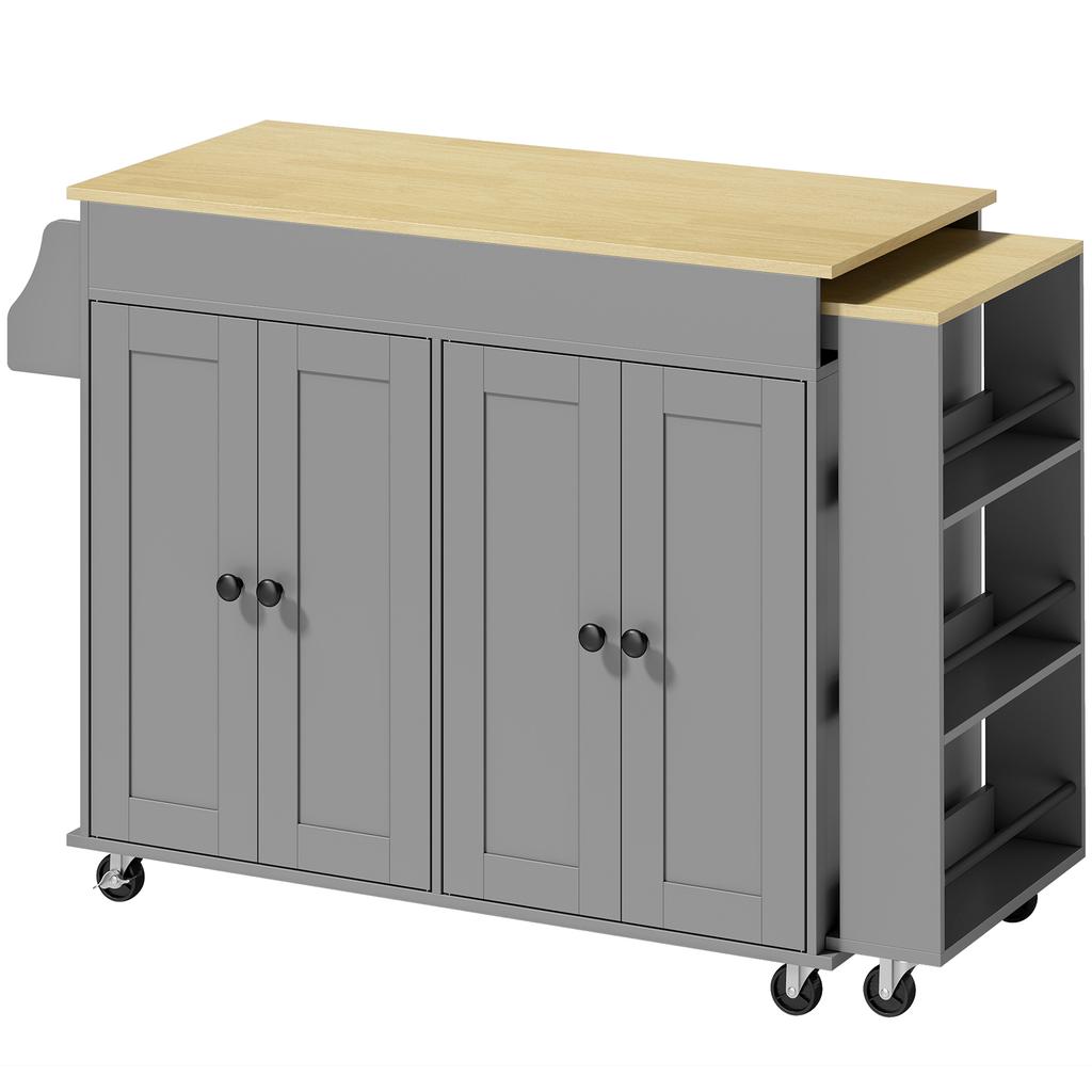 Kitchen Island With Wheels Extendable Countertop 4 Doors Adjustable Shelves Spice Rack And Towel Holder Gray