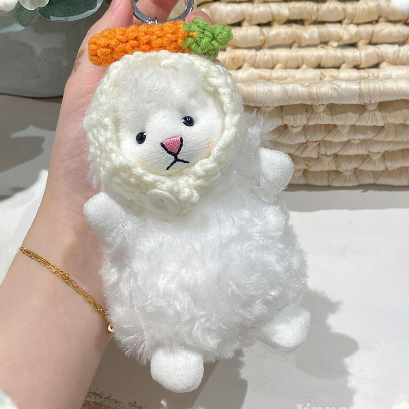 Charming Original Crochet Plush Sheep Keychain With Colorful Bow And Frog Eyes