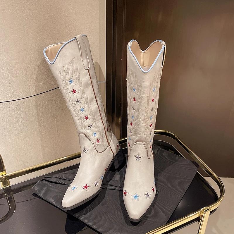 New Style Fashion Retro Boots Embroidered Pointed Western Cowboy Cowgirl Boots Women's Thick Heel High Boots Shoes Women