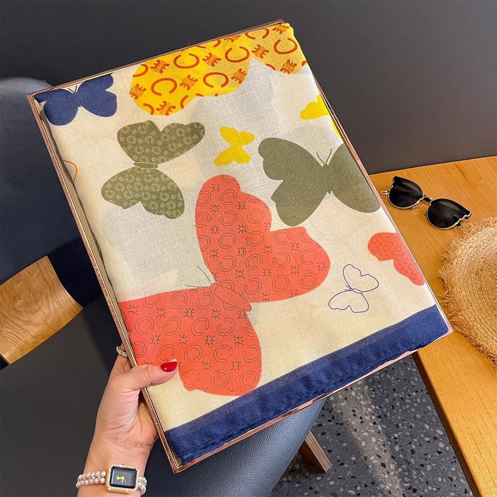 Color-blocking Beautiful Butterfly Long Cotton and Linen Scarf for Women Breathable and High-quality New Literary Shawl Print Fashionable