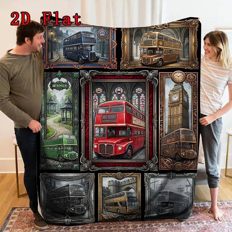 London Bus Collage 2D Flat Pattern Flannel Blanket, High quality All Seasons, Home Decor, Warmth and Comfort, Perfect for Christmas Gifts.