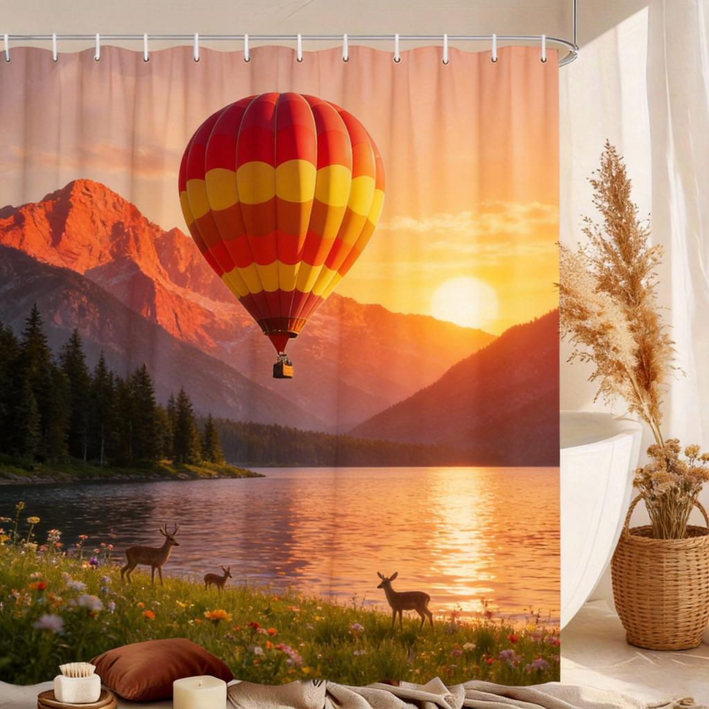 Hot Air Balloon Shower Curtain Mountain Lake Landscape Print Polyester Bath Curtain With Hooks For Nature Adventure Decor