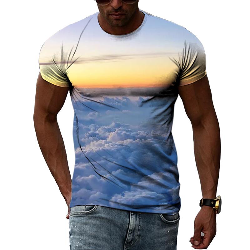 Летние мужские футболки с голубым небом и белыми облаками с 3D принтом, модные повседневные индивидуальные простые футболки с короткими рукавами и круглым вырезом, топы