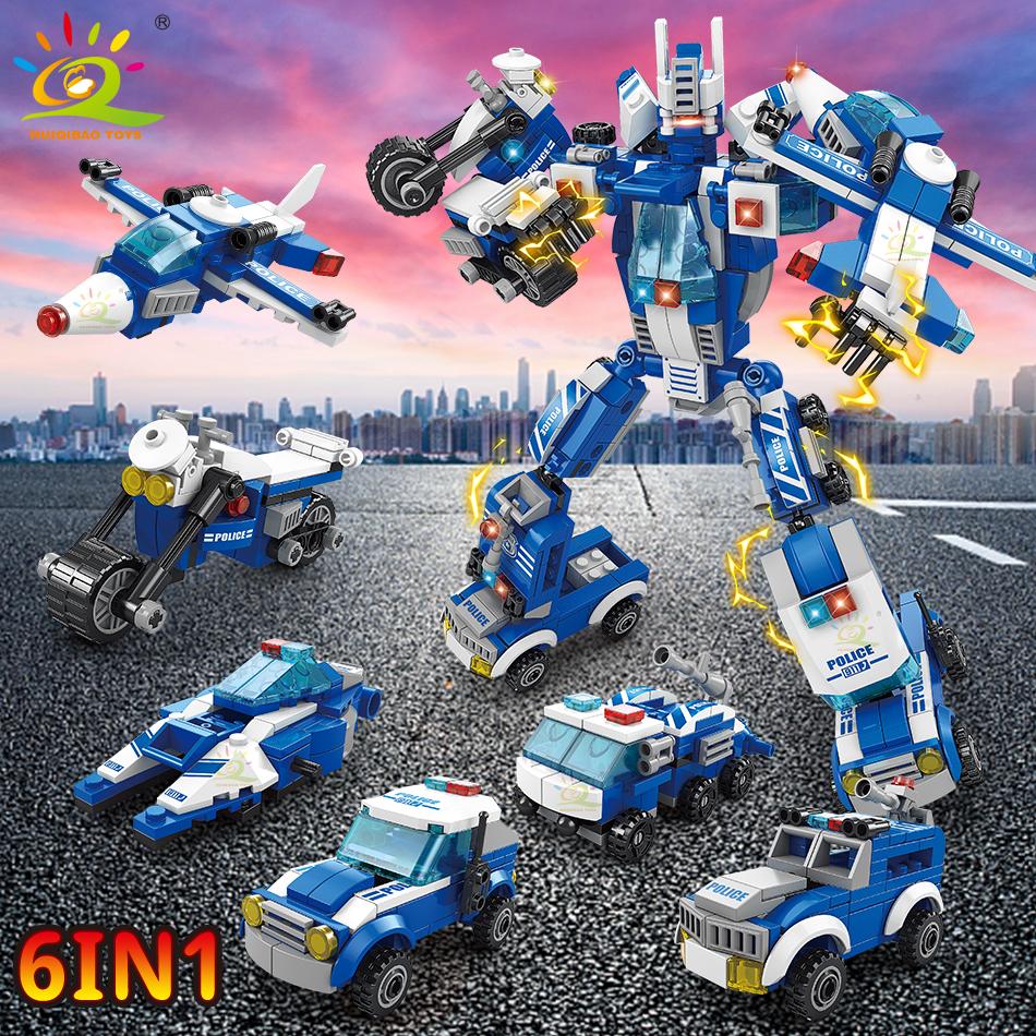 533 шт. 6 в 1, полицейский грузовик, строительные блоки, городское строительство, вертолет, автомобиль, робот, набор кирпичей для детей, игрушки, детский подарок