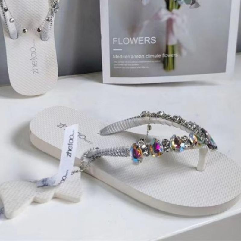 2024 Hot Sale Shoes for Women Summer Women's Slippers Mixed Colors Brilliant Diamond Open Toe Low-heeled Beach Slippers Women