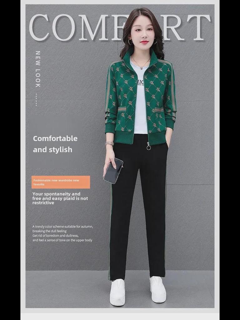 2024 Spring Women's Casual Three-Piece Contrast Color Sports Suit for Middle-Aged Mothers