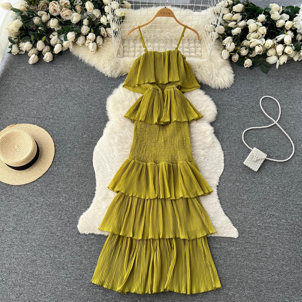 Women Summer Dress Sweet Chiffon Suspender Temperament French Gentleness Elegant Feeling Ruffle Cake Fairy Dress D3227