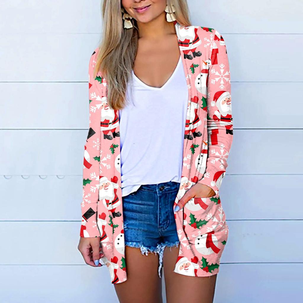 Женская модная повседневная куртка-кардиган с рождественским принтом средней длины, пальто