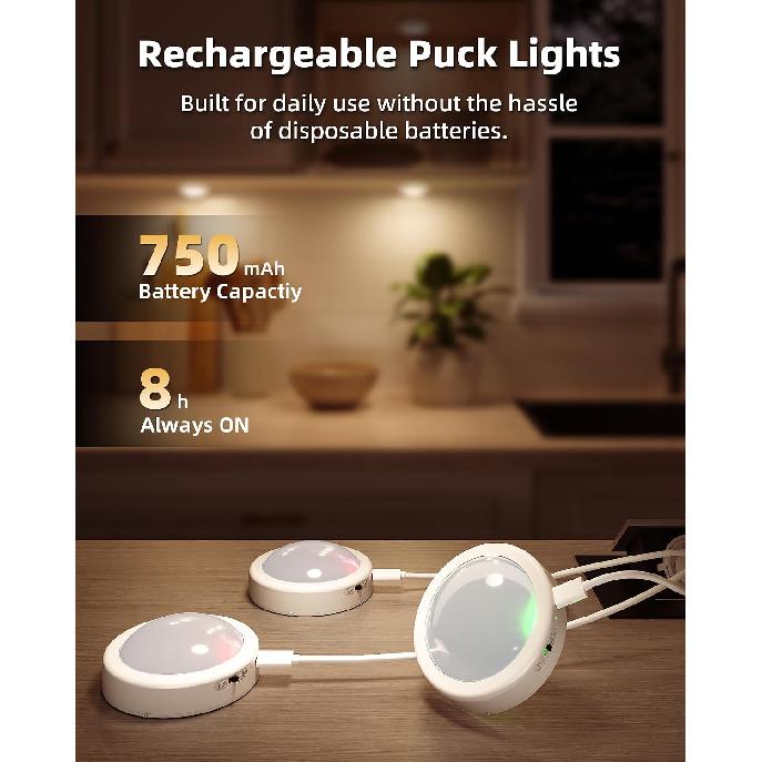 EZVALO 6-Pack RGB Rechargeable Puck Lights with Remote, Mini Under Cabinet Lighting, 2.95'' Tap Lights, 16 RGB Colors & 3 White Color Temps, Dimmable