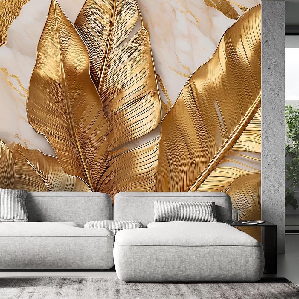 Wallpaper Gold Leaves On Marble Background Abstract