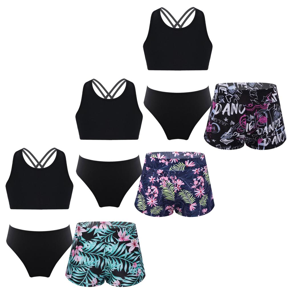 Детский комплект танкини для девочек, спортивный купальник, жилет, топ с шортами и трусами, танцевальная гимнастика, купальная одежда